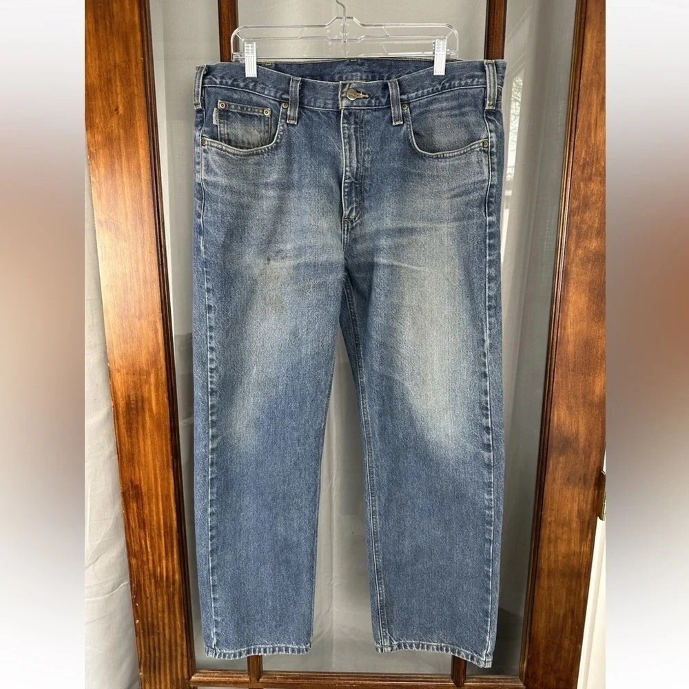 Carhartt Traditional Fit Denim Blue Jeans Mens 38x30 Workwear Distressed *flaw